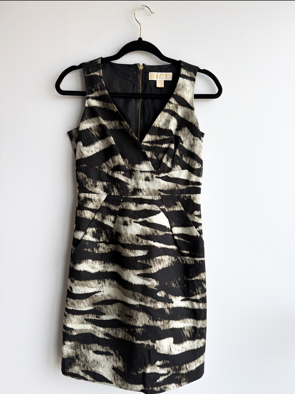 Michael Kors Black Green Abstract Zebra Print Sheath Dress Sleeveless